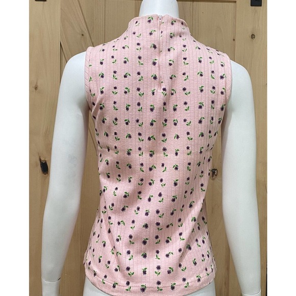 Vintage Pink Flower Sleeveless Mock Neck Ribbed Top - Picture 5 of 12